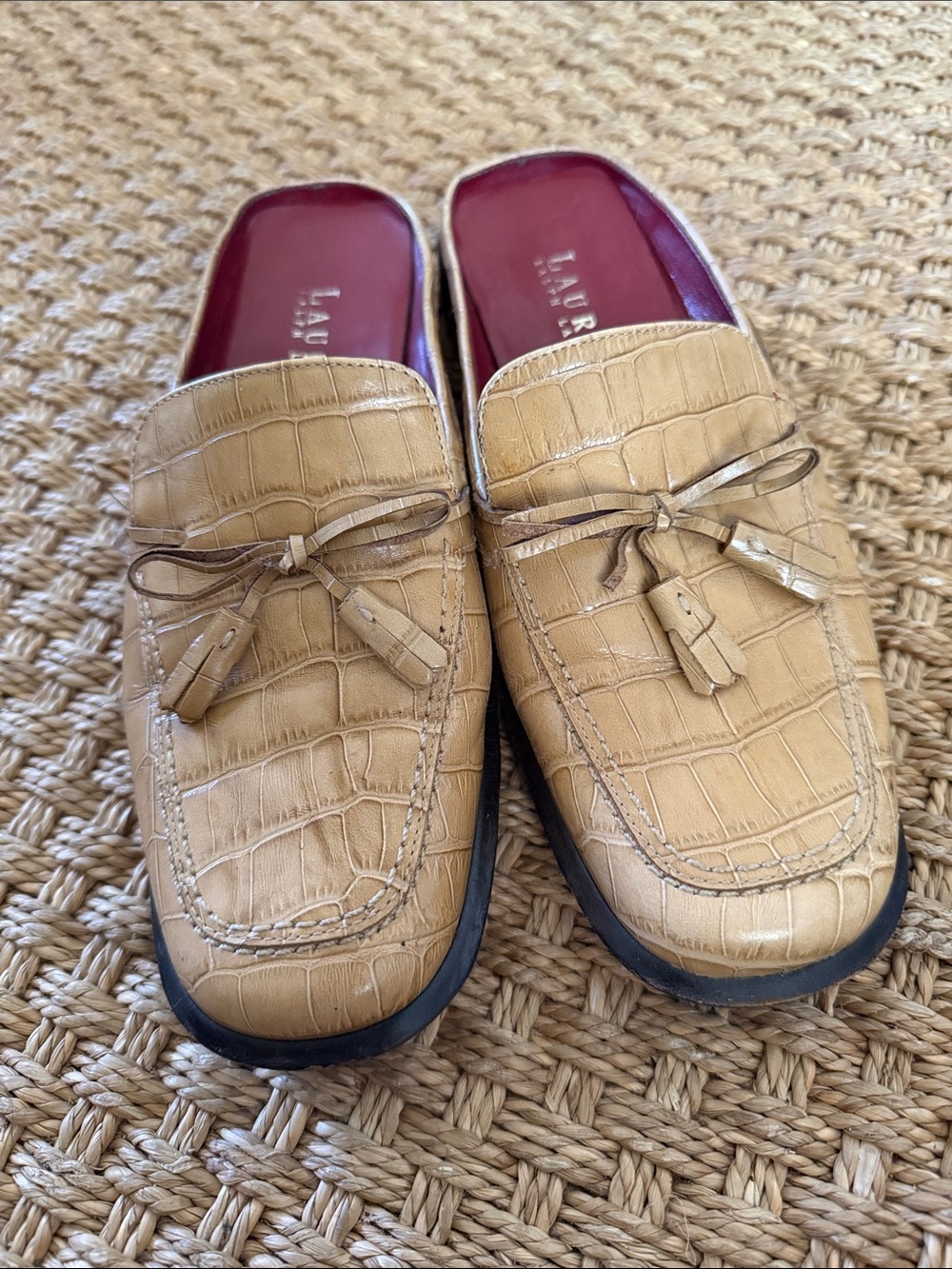 Lauren Ralph Lauren Lisette Beige Croc-Embossed Tassel Mules size 6